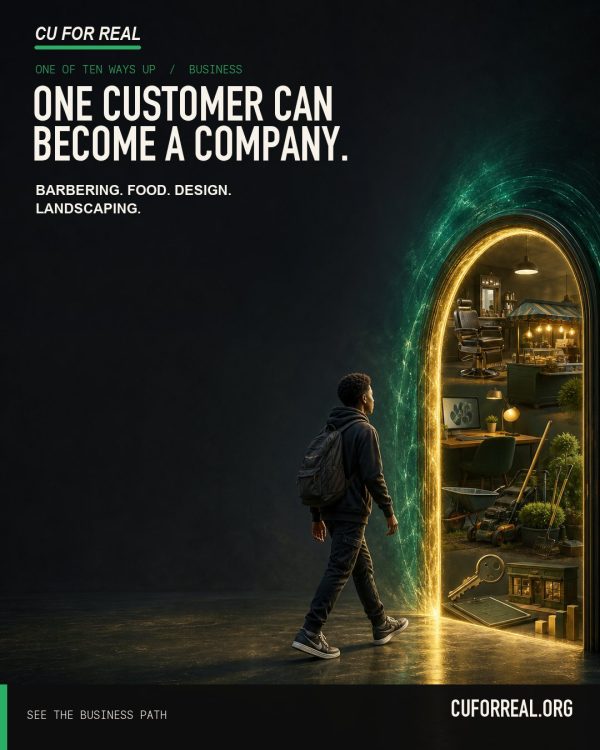 One customer can become a company. Barbering. Food. Design. Landscaping. A young man walking toward a glowing doorway holding a barber chair, a food stand, a design desk, and a mower.