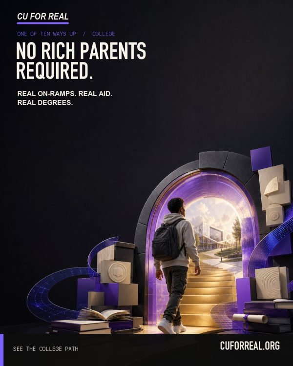 No rich parents required. Real on-ramps. Real aid. Real degrees. A student with a backpack stepping through a glowing archway of books toward a sunny campus.