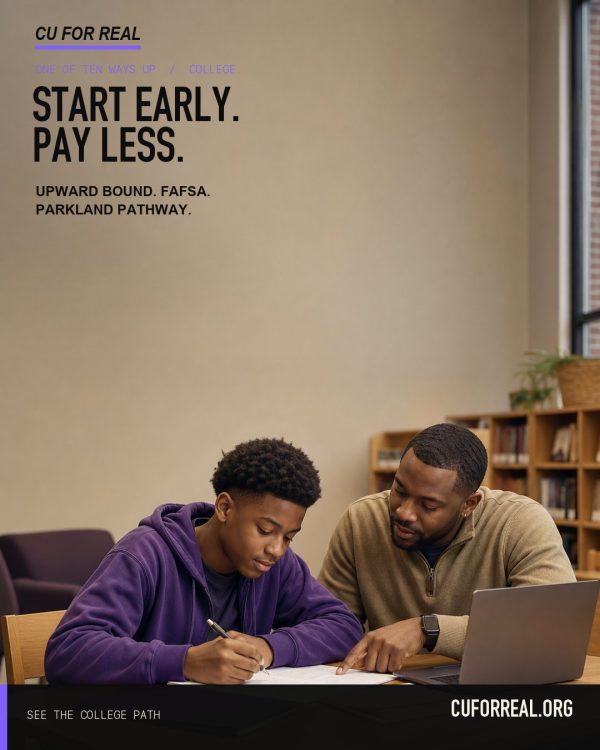 Start early. Pay less. Upward Bound. FAFSA. Parkland Pathway. A student filling out forms at a library table with a mentor beside him.