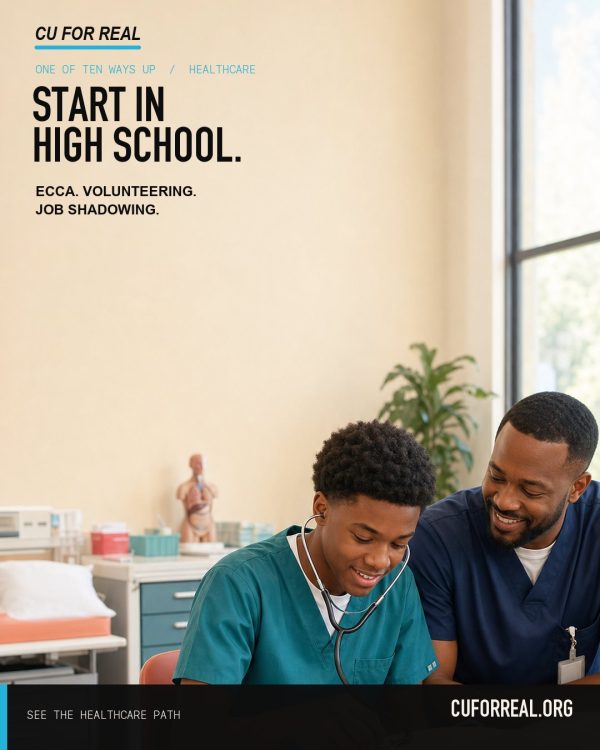 Start in high school. ECCA. Volunteering. Job shadowing. A smiling student in scrubs with a stethoscope working alongside a mentor in a bright clinic.