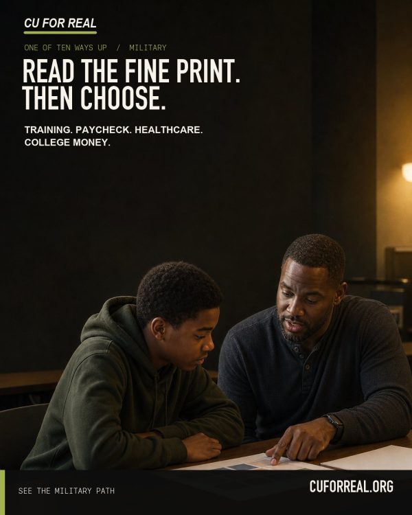 Read the fine print. Then choose. Training. Paycheck. Healthcare. College money. A teen and a trusted adult reading enlistment paperwork together at a table.