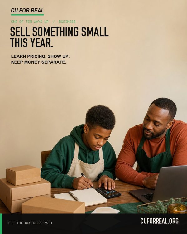 Sell something small this year. Learn pricing. Show up. Keep money separate. A teen with a notebook and calculator packing small orders next to a mentor with a laptop.