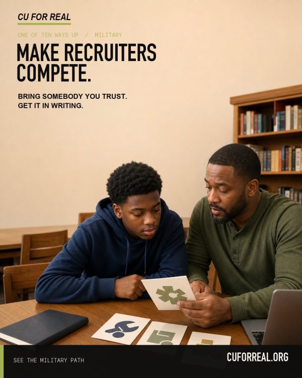 Make recruiters compete. Bring somebody you trust. Get it in writing. A teen and a mentor comparing military job cards side by side in a library.