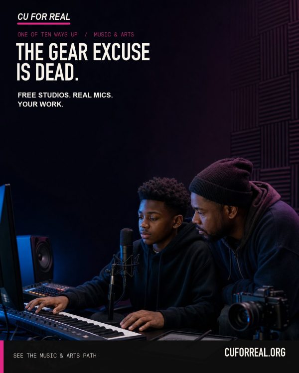 The gear excuse is dead. Free studios. Real mics. Your work. A teen at a keyboard and studio mic while a producer leans in to coach him.