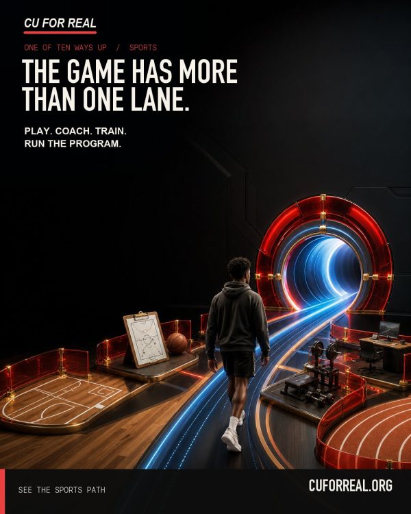 The game has more than one lane. Play. Coach. Train. Run the program. A young athlete walking a glowing track past a court, a coach's clipboard, a weight room, and a front office.