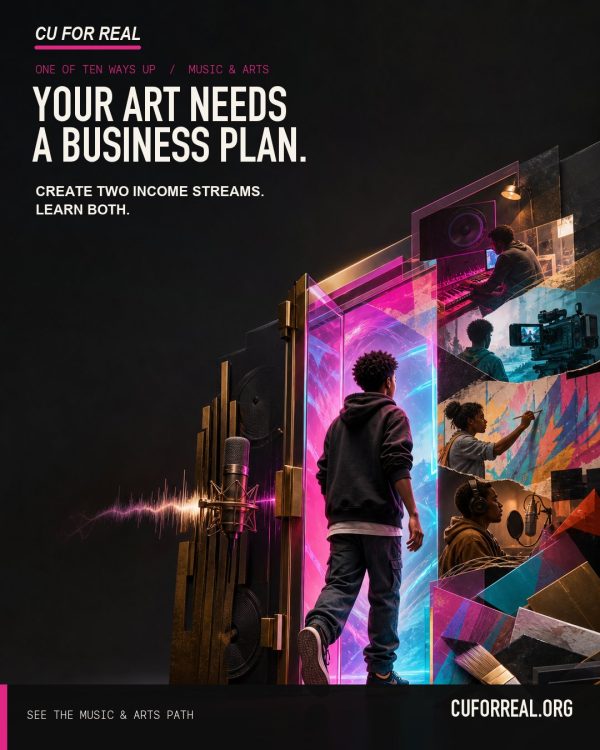 Your art needs a business plan. Create two income streams. Learn both. A young artist stepping into a glowing doorway of studios, murals, cameras, and stages.