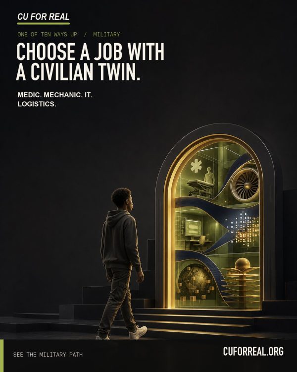 Choose a job with a civilian twin. Medic. Mechanic. IT. Logistics. A young man facing a golden doorway showing a medic station, a jet engine, a server desk, and a supply globe.