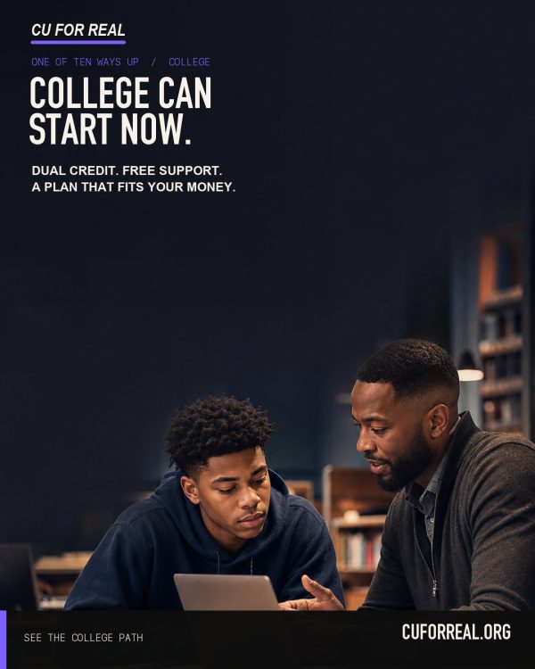 College can start now. Dual credit. Free support. A plan that fits your money. A student and a mentor working through it on a laptop in a library.