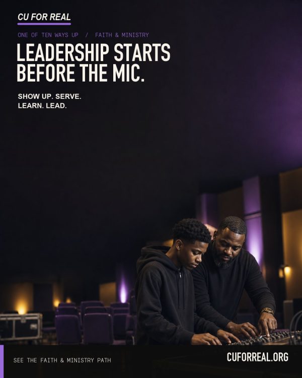 Leadership starts before the mic. Show up. Serve. Learn. Lead. A teen learning the sound board from a mentor in a purple-lit sanctuary.