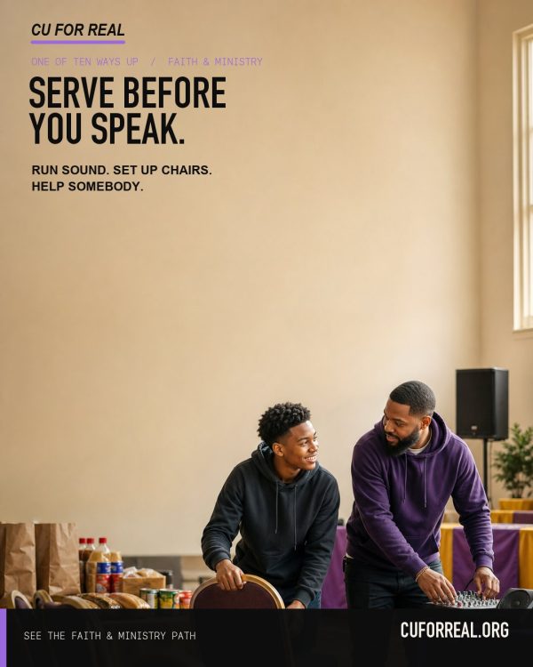 Serve before you speak. Run sound. Set up chairs. Help somebody. A teen setting up chairs while a mentor runs the mixer at a church food drive.